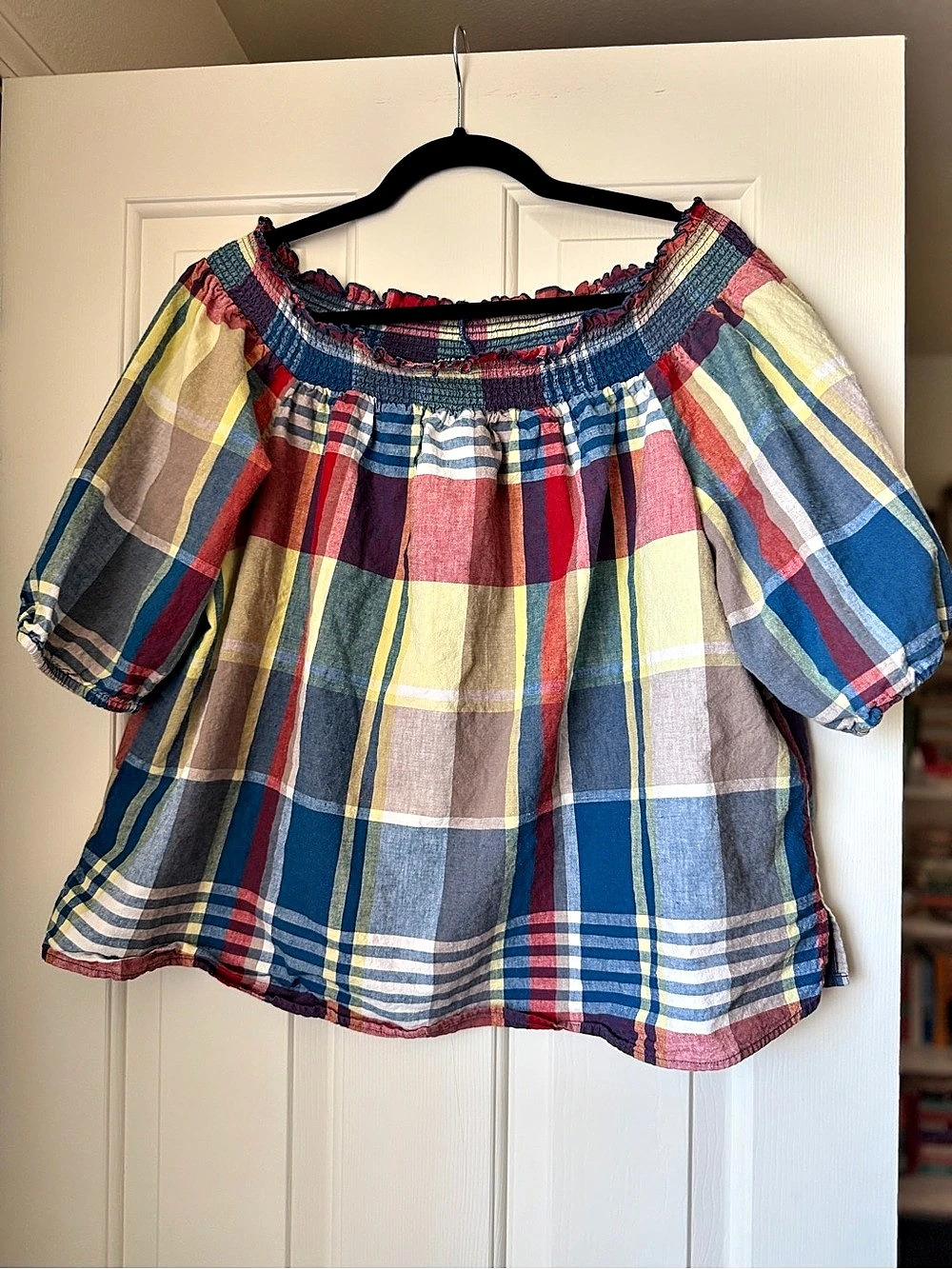 Lane Bryant Plaid Linen Cotton Blouse in Blue & Red Size 14/16 Like New